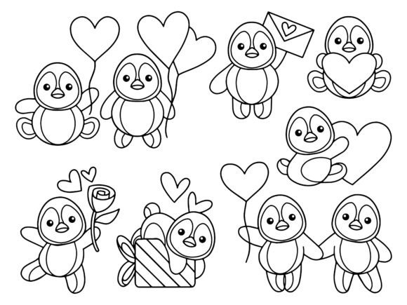 Valentine Day Penguin Cartoon Line Art